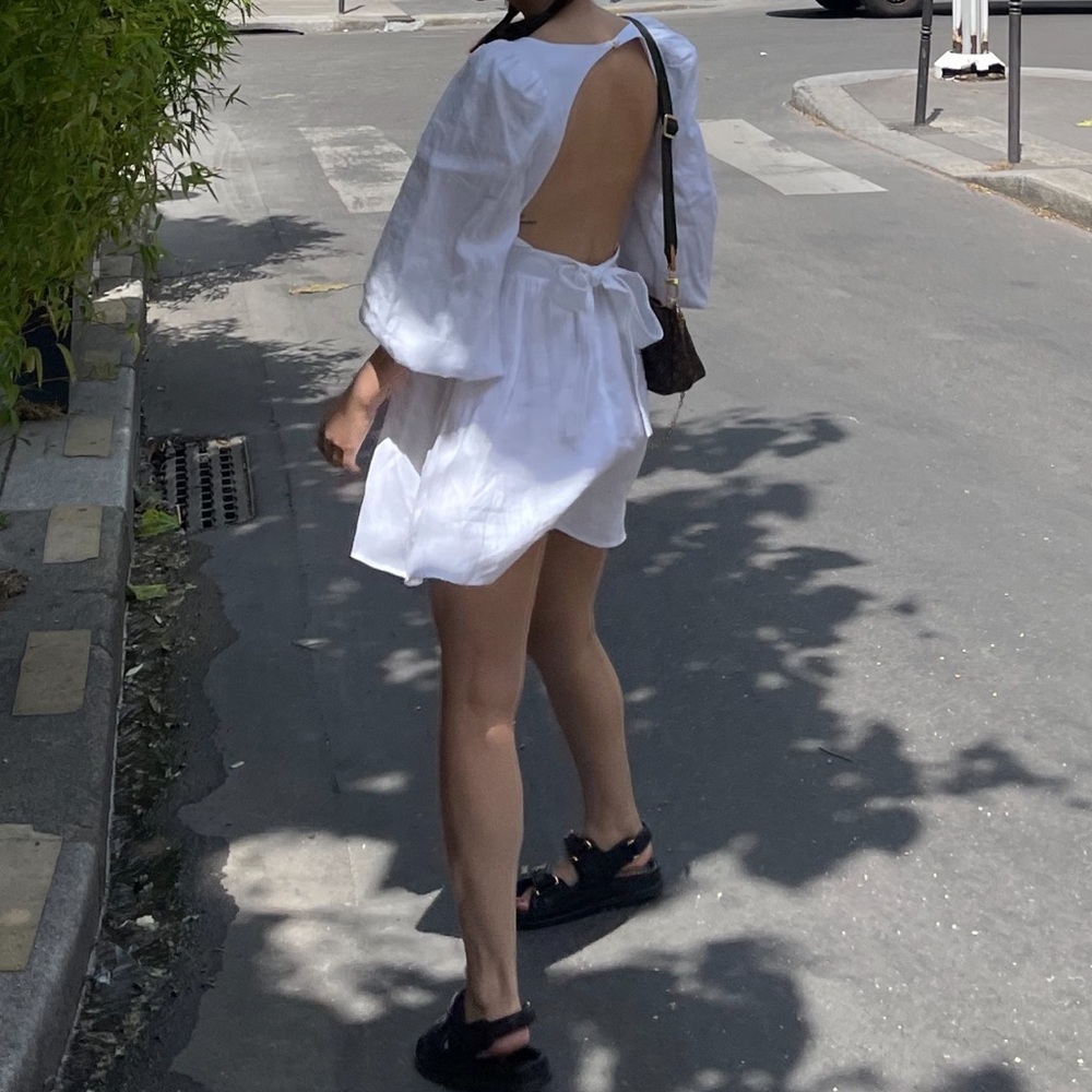 Reformation Linen Cream Ruffled Tie Back dress